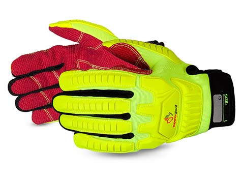 #MXHV5VSB Superior Glove® Clutch Gear® Anti-Impact Hi-Viz Yellow Back Mechanics Oilfield Glove w/ Cut-Resistant Palms